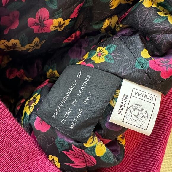 Vintage Mixed Blues Leather Bomber Jacket Barbie Pink Floral Lining Retro Small - Picture 13 of 14